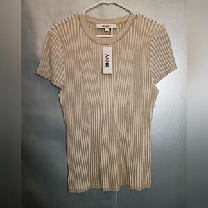 DKNY Women's Beige Ribbed Short Sleeve Top